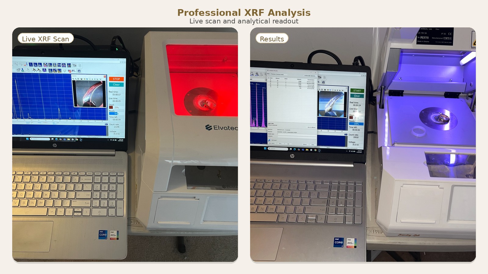 XRF precious metal testing screen and live scan results